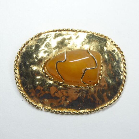Gold Statement Brooch Pendant Agate Amber Stone Center Signed Barmell Large Pin - Picture 1 of 14